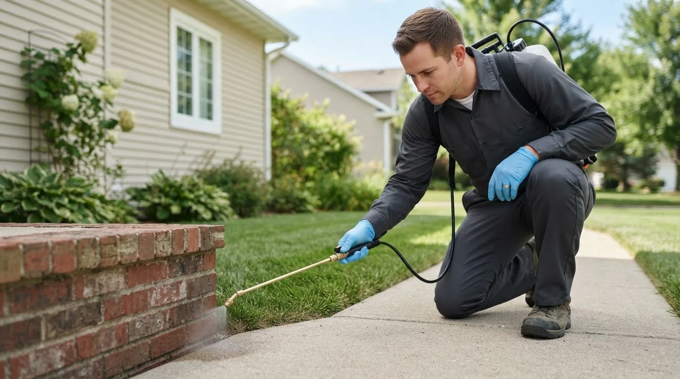 Pest control technician treating a home near Lake George, MI