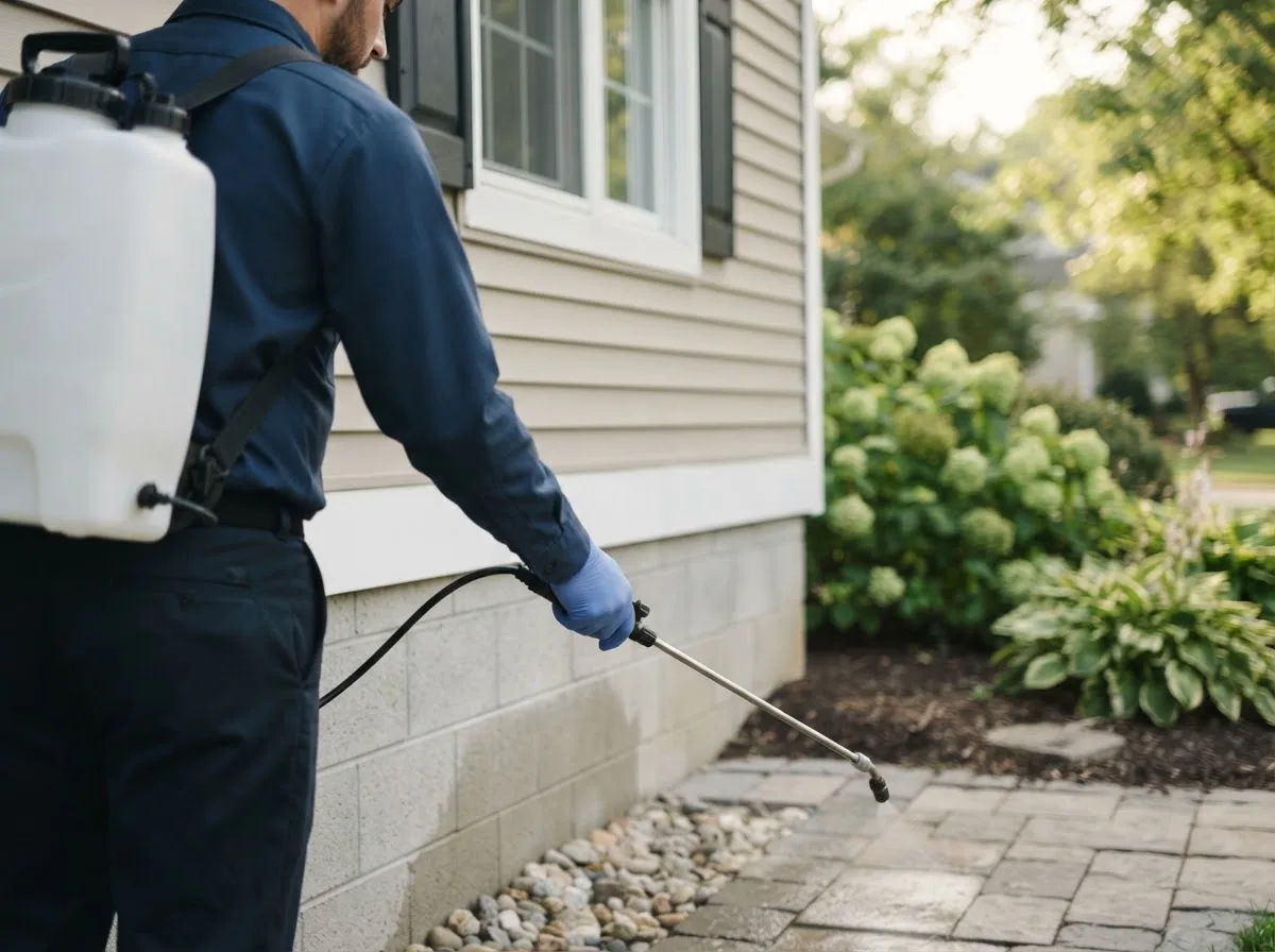 Pest control technician inspecting a home in Lake George, MI
